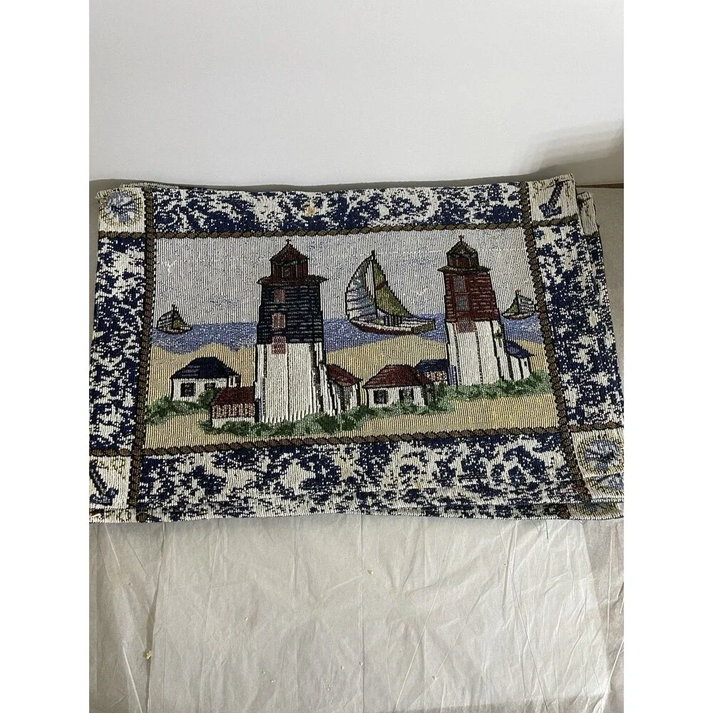 Set of 6 Nautical Tapestry Placemats Lighthouse Sailboat Coastal Beach House
